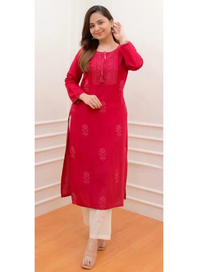 Rayon Cotton Pink Casual Wear Embroidery Work Readymade Kurti With Plazzo